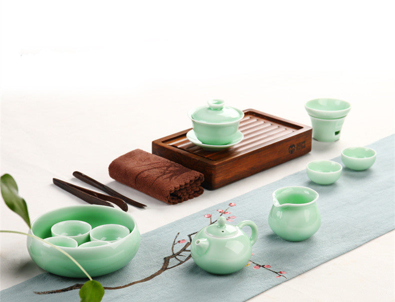 Longquan Porcelain Gaiwan Chinese Green Solid Color Tureen Handpainted Floral