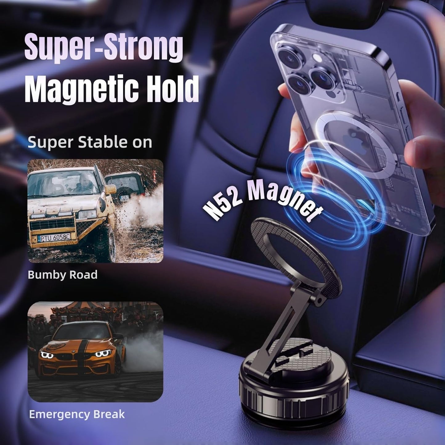 Magnetic Vacuum Car Phone Holder with Strong Suction Cup 360° Adjustable Foldabl