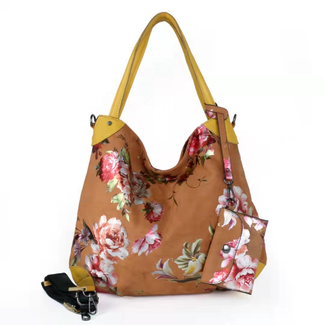 Real Leather Canvas Fashion Bags Flower Printing Leisure Stylish Handbags Purses