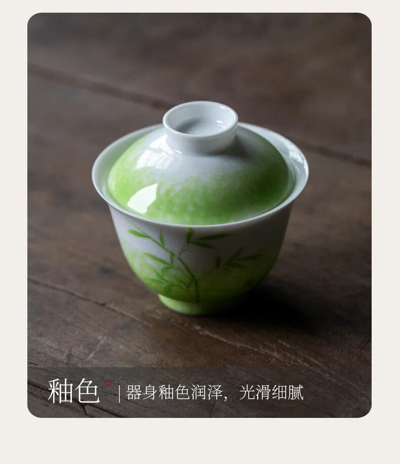 150ml Chinese Retro Grass Green Ceramic Tea Tureen Hand Painted Bamboo Tea Bowl