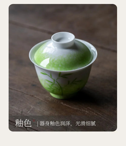 150ml Chinese Retro Grass Green Ceramic Tea Tureen Hand Painted Bamboo Tea Bowl