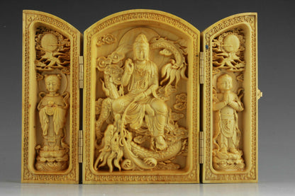 Old Chinese Boxwood handcarved Guanyin Bodhisattva Buddha boxes
