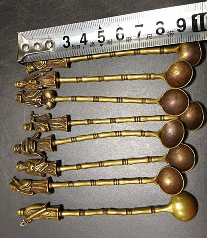 8pcs Exquisite Chinese Old Brass Handmade Carved Eight Immortals Small Spoon