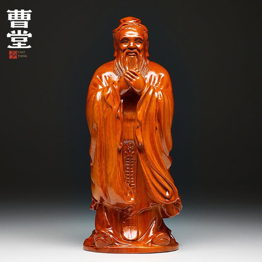 Chinese Rosewood Carved Confucius Statue Kongzi Sage Figure Sculpture Home Decor