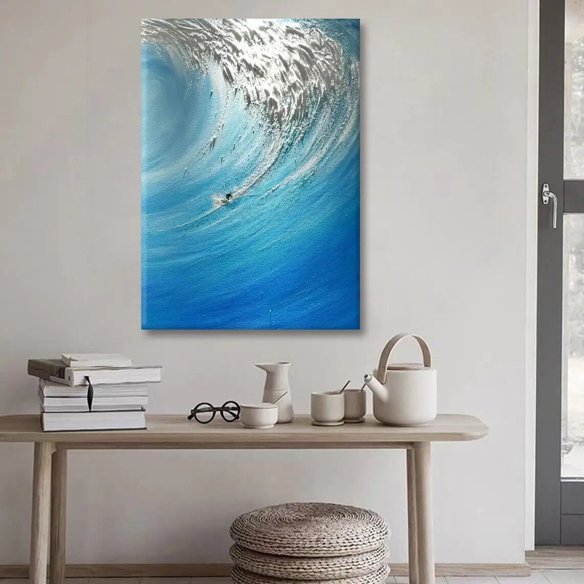 Hand-Painted Surfers Sea Sports Impasto Art Oil Painting Original Blue White