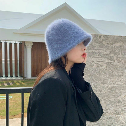 Hat Winter Women Solid Color Rabbit Fur Bucket Cap Fisherman Retro Knitted Wool