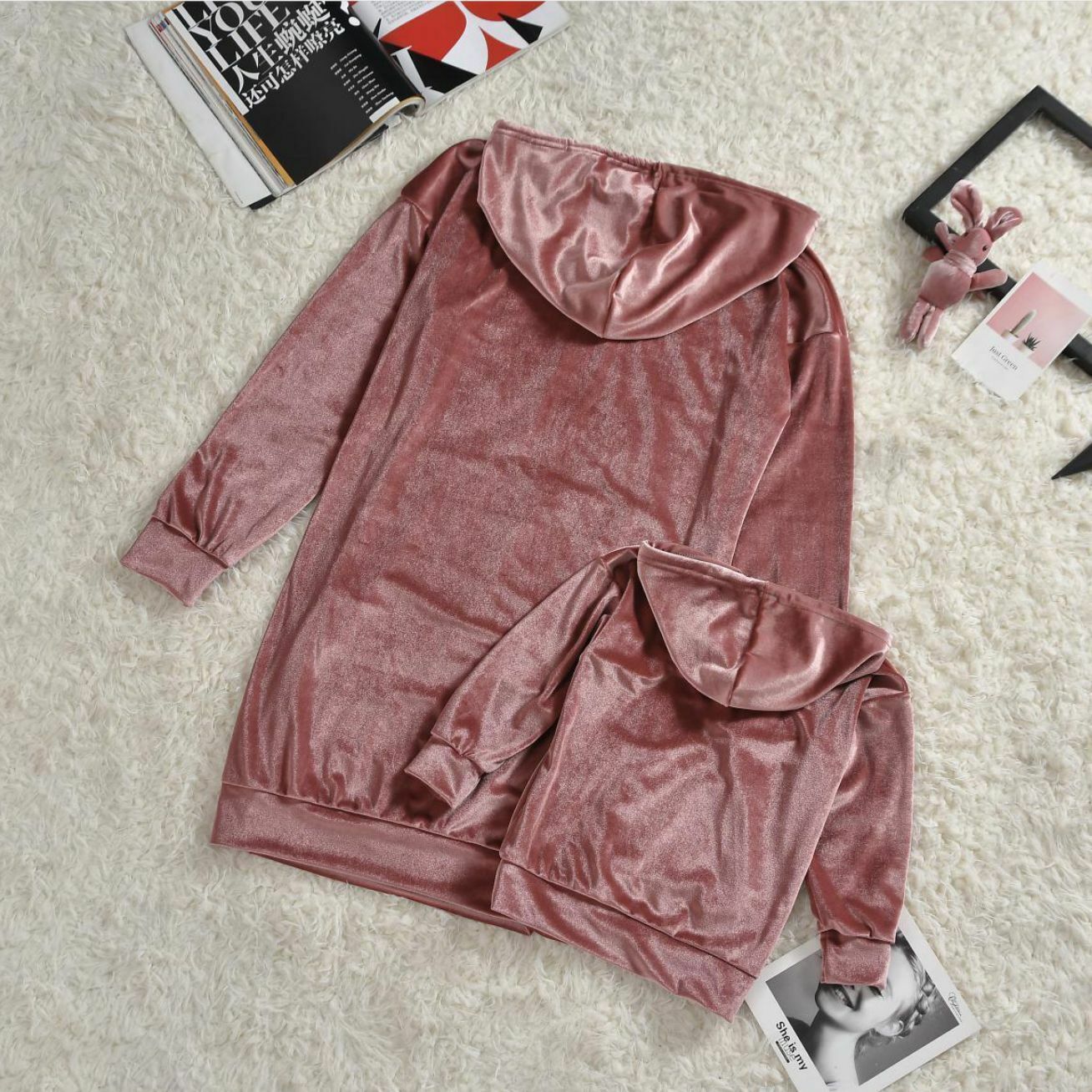 Family Matching Outfits Long Sleeve Casual Hoodies Velvet Mother Girl Loose Pink