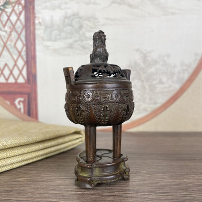 Antique Bronze Tripod Censer Lion Lid Incense Burner for Tea Ceremony
