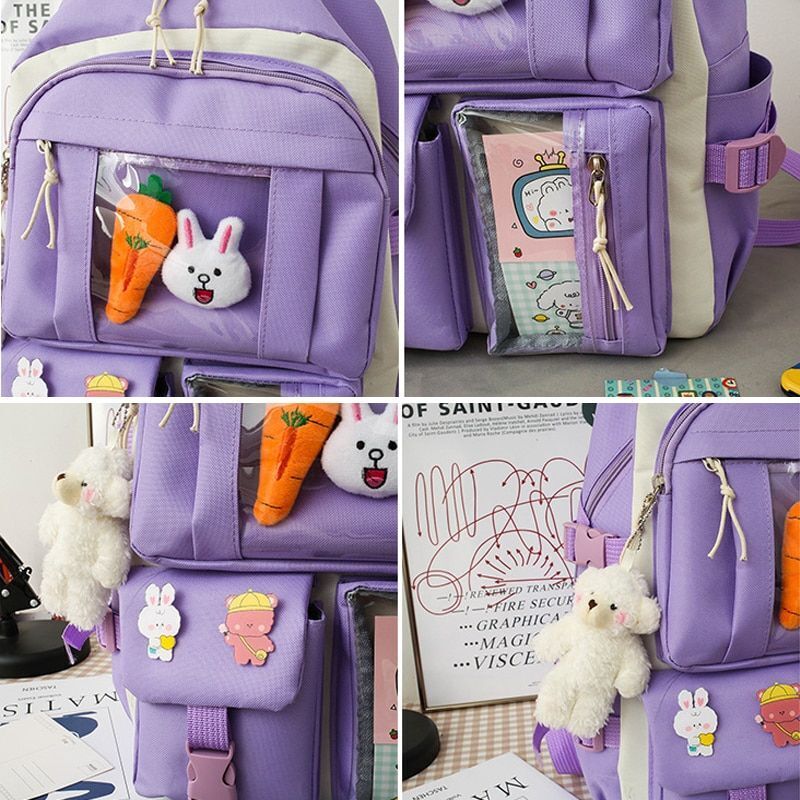 4 Pcs Sets Purple School Backpack School Bags 32*15*46CM Polyester Softback 20L