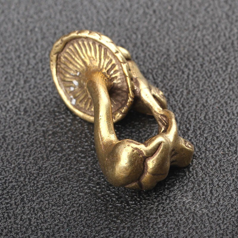 Solid Brass Frog on Mushroom Figurine Miniature Tea Pet Ornament Animal Statue