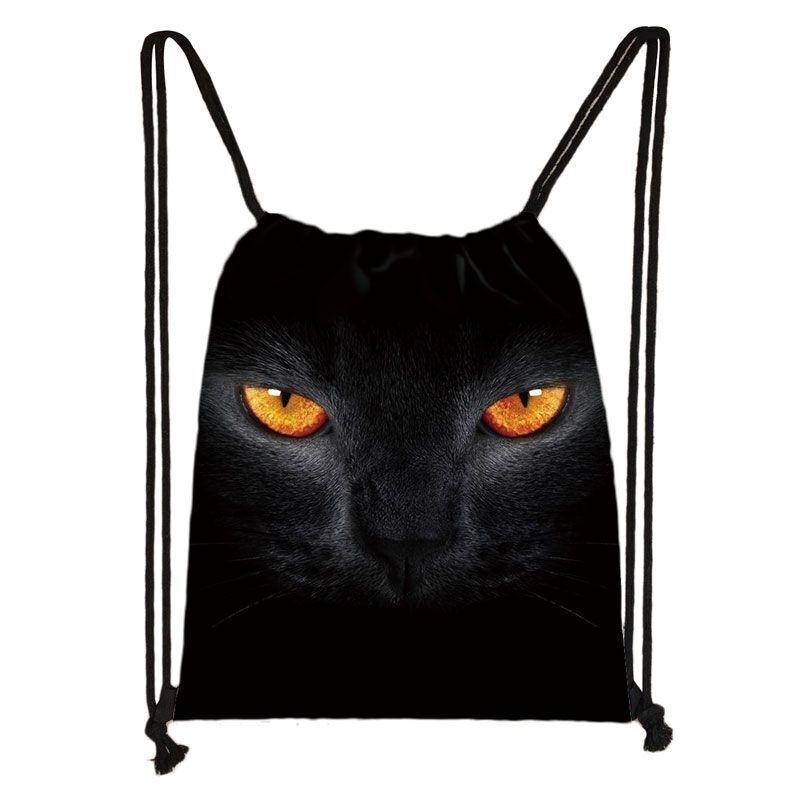 Black Cat Drawstring Bag Women Shopping Purse Canvas Travelling Bag Backpack 1PC