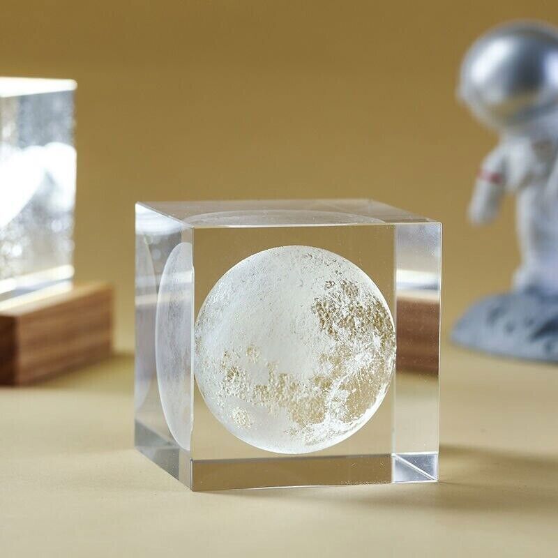 3D Moon Laser Etched Crystal Glass Cube LED Night Light Room Decor Creative Gift