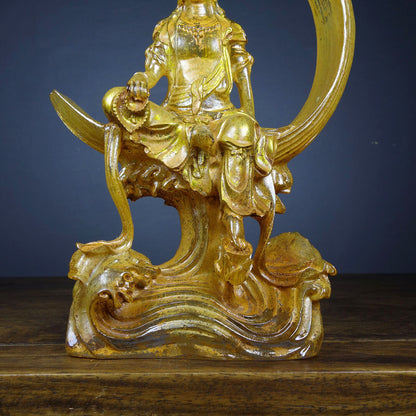 Chinese old Colored glaze（Liuli）gilt painted Yellow water moon Guanyin statue
