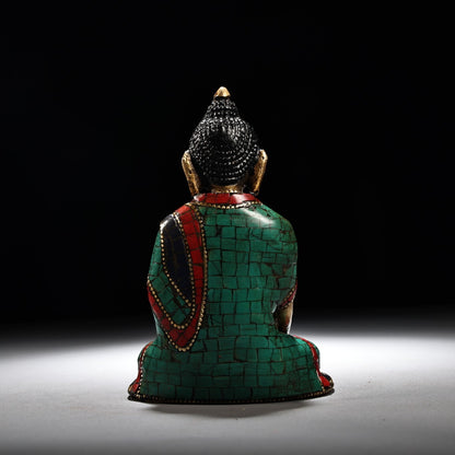 4.8" Old China Antique Pure Copper Inlay Gem Color Painting Buddha Statue