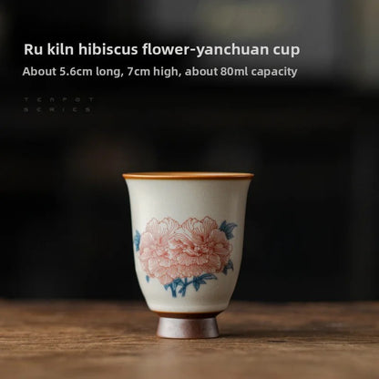 80ml Chinese Ru Kiln Porcelain Hibiscus Flower Tea Cup Meditation Cup Pu 'er Cup