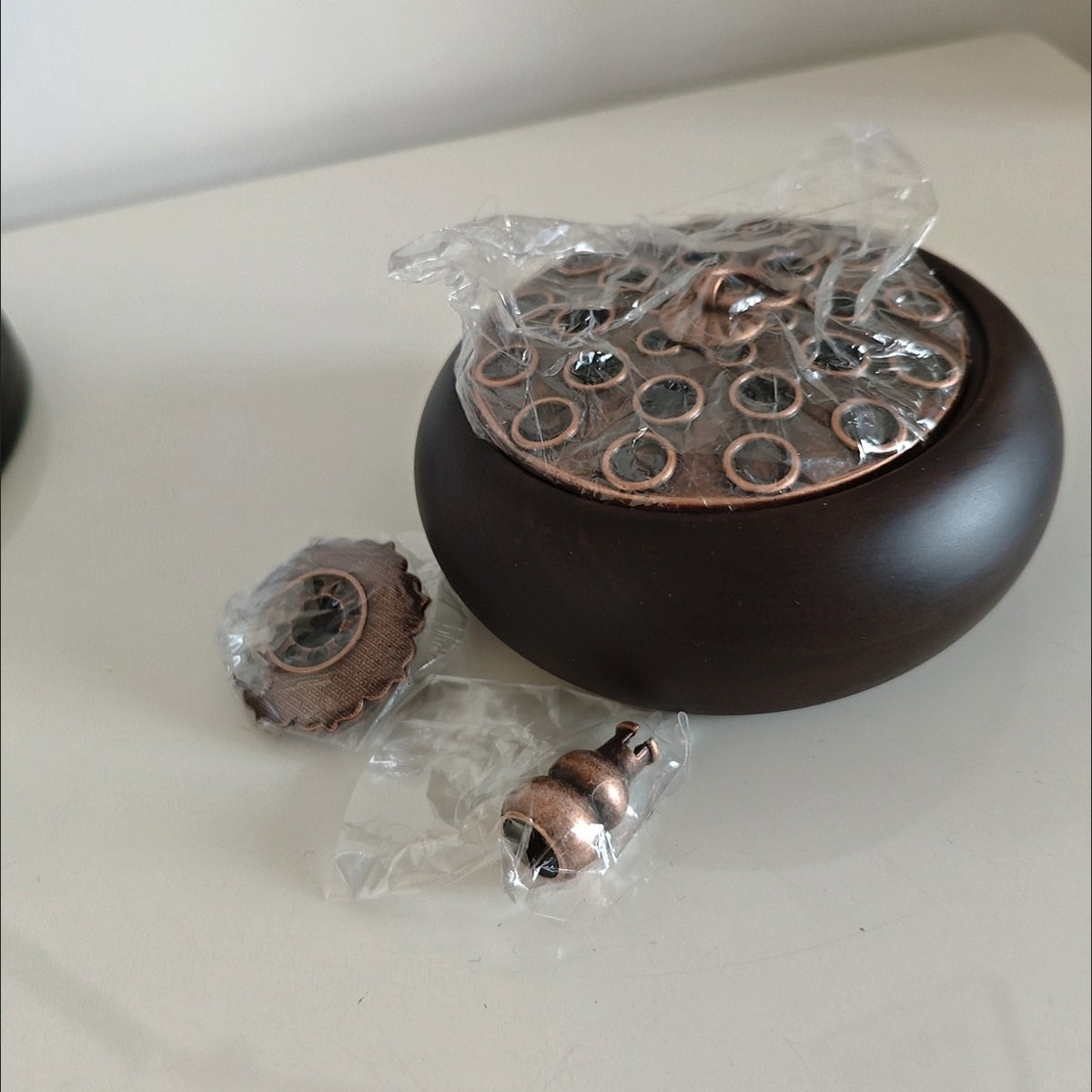 Ebony Rosewood Incense Burner 10.6×5cm Copper Lotus Lid No Fragrance Included