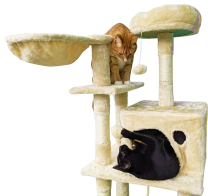 Beige Cat Tree Tower for Indoor Cats & Kittens, 57" Tall Multi-Level Condo Perch