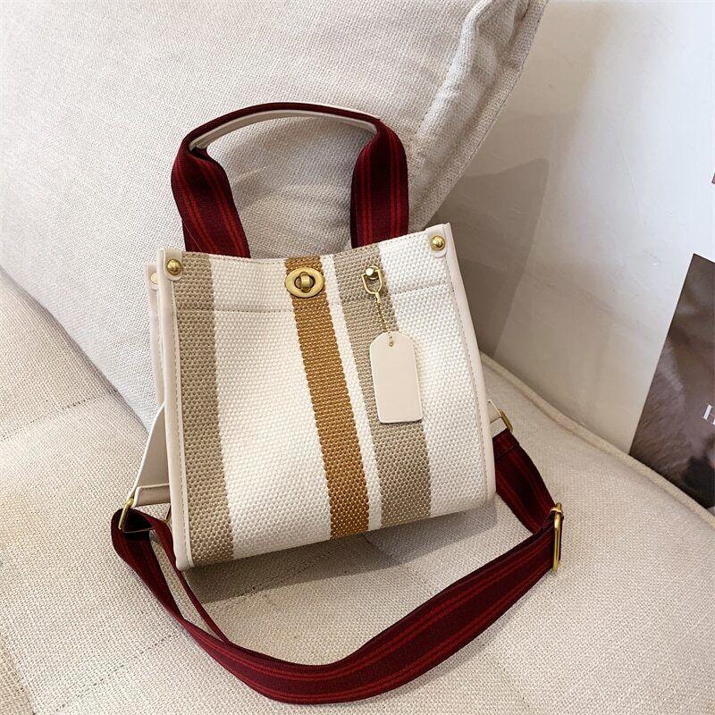 Canvas Tote Bag Women Handbag Stripe Shoulder Bags Big Shopper Totes