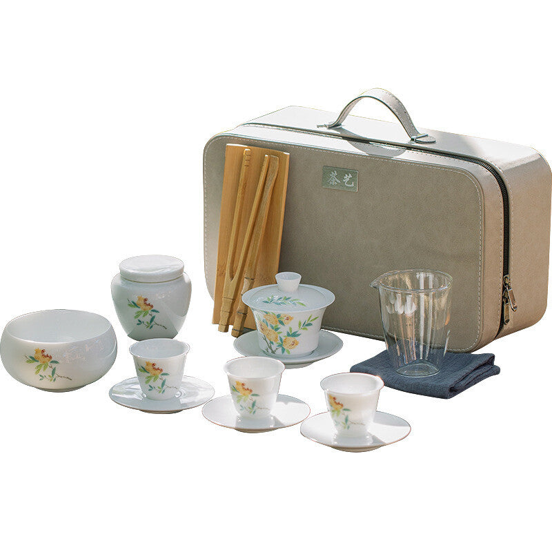 Travel Tea Set Porcelain Handpainted Gaiwan Tureen Cup Saucer Glass Pitcher New