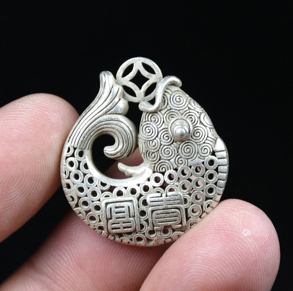 Rare Chinese Miao Silver Feng Shui Hollow Fish Goldfish Money Coin Luck Pendant