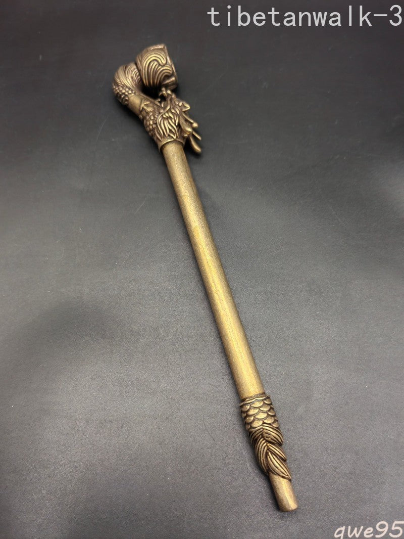 8.8"IN Chinese Collectible Hand-Carved Dragon Head Retro brass Tobacco Pipe