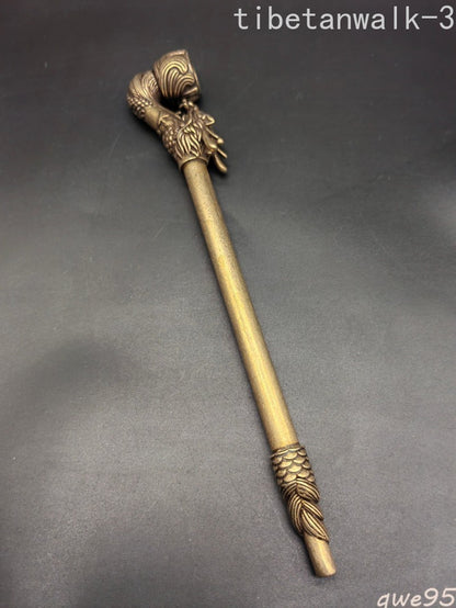 8.8"IN Chinese Collectible Hand-Carved Dragon Head Retro brass Tobacco Pipe