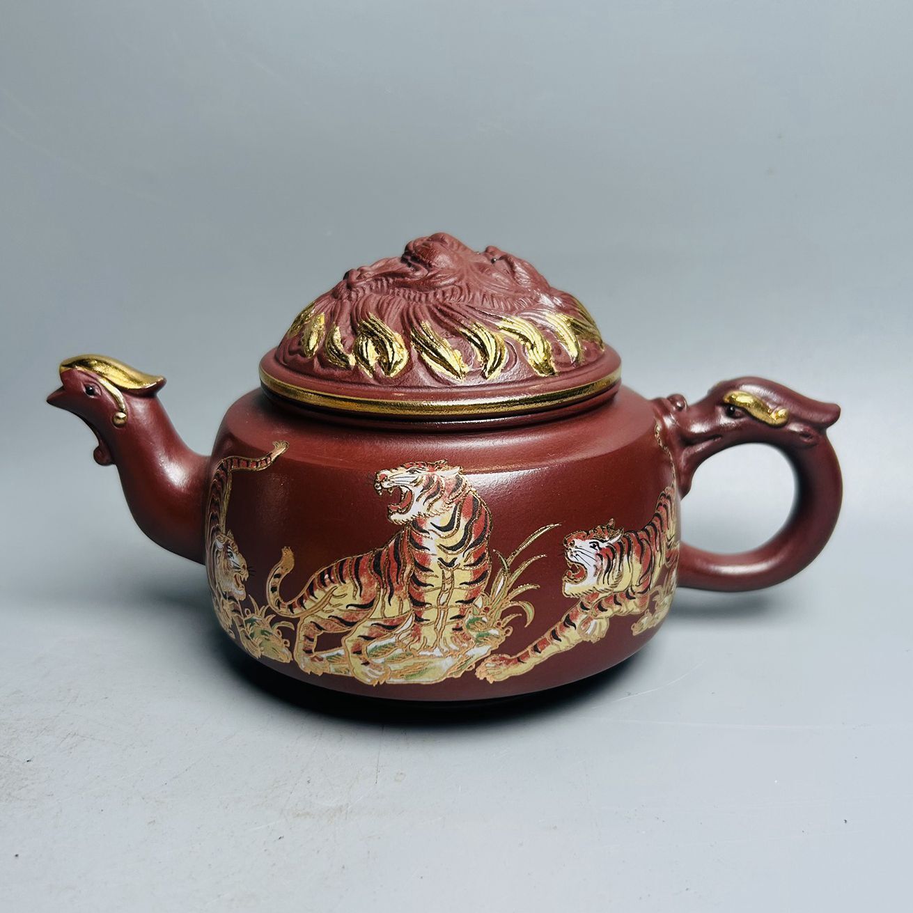 Chinese Yixing Purple Clay Teapot Zisha Ceremony Painted Tiger Nice Tea Set Rare