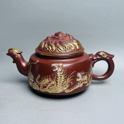 Chinese Yixing Purple Clay Teapot Zisha Ceremony Painted Tiger Nice Tea Set Rare