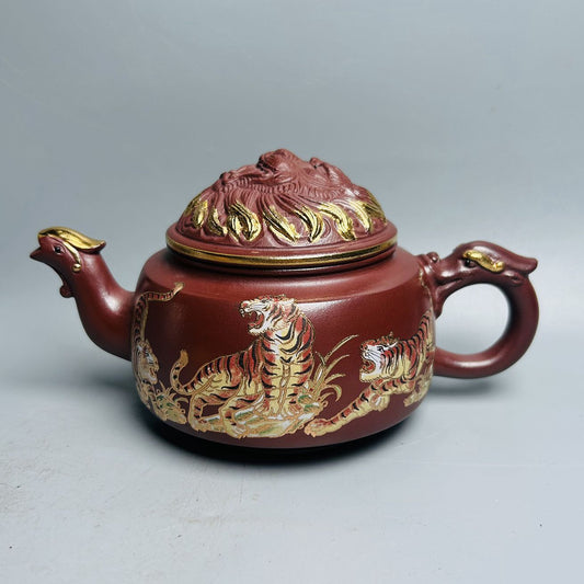 Chinese Yixing Purple Clay Teapot Zisha Ceremony Painted Tiger Nice Tea Set Rare