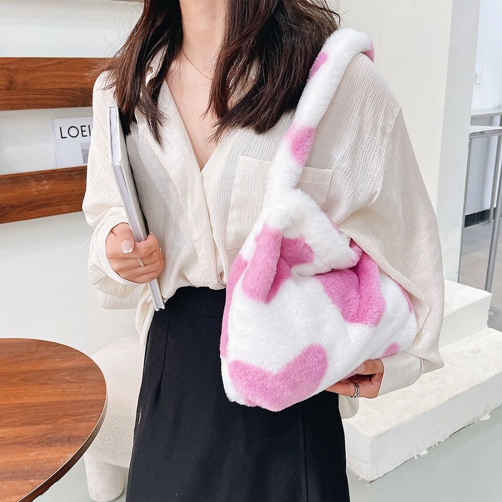 Heart Leopard Print Bag Soft Plush Shoulder Bag Large Travelling Purse 30*25*6CM