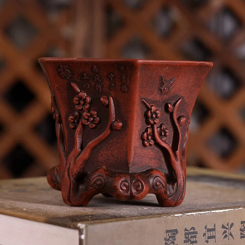 Purple Sand Plum Blossom Flower Pattern Bonsai Pot Tradition China Carved