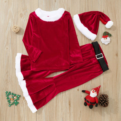 4pcs Baby Kids Girls Christmas Cosplay Pullover Tops Pants Hat Belt Set Outfits