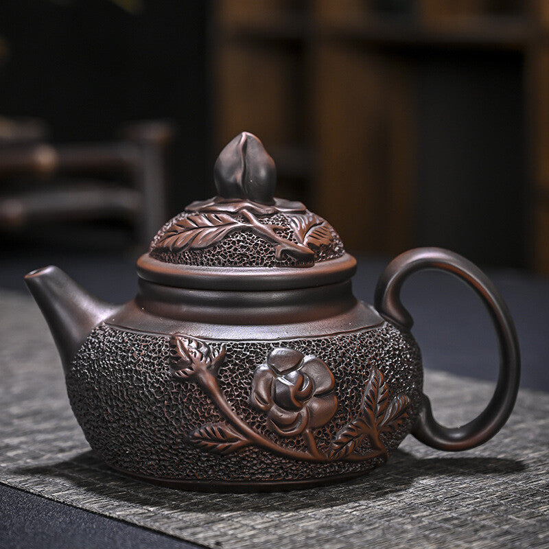 Purple Pottery Teapot Flower Carved Chinese Handmade Pot Marked 190ml Master Pot