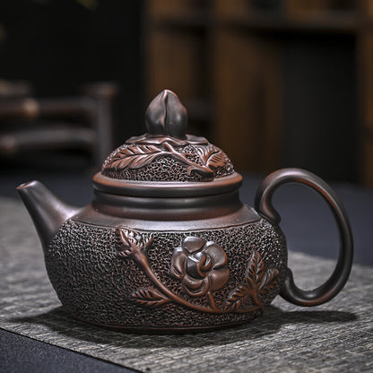 Purple Pottery Teapot Flower Carved Chinese Handmade Pot Marked 190ml Master Pot