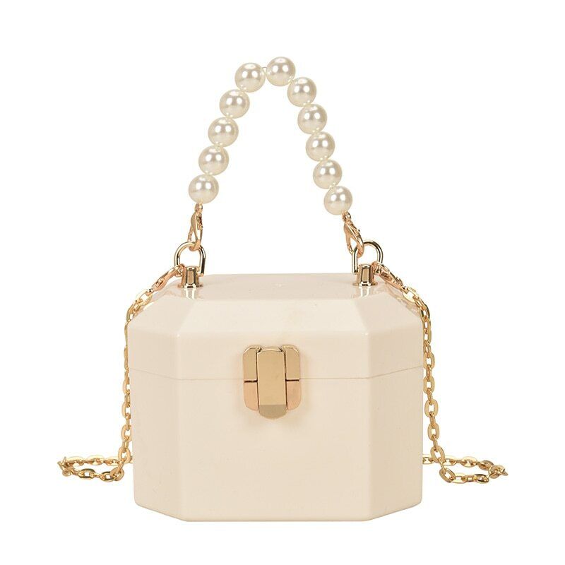 Box Handbags Women Pearl Beads Decor Lock Chain Shoulder Bag Purses Bag