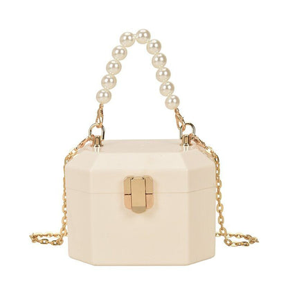 Box Handbags Women Pearl Beads Decor Lock Chain Shoulder Bag Purses Bag