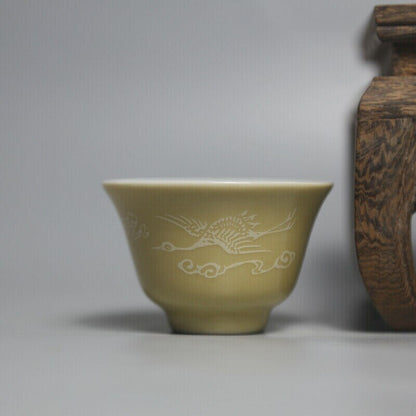 2.6 inch Chinese Jingdezhen Yellow Glaze Porcelain Crane Design Teacup Cup