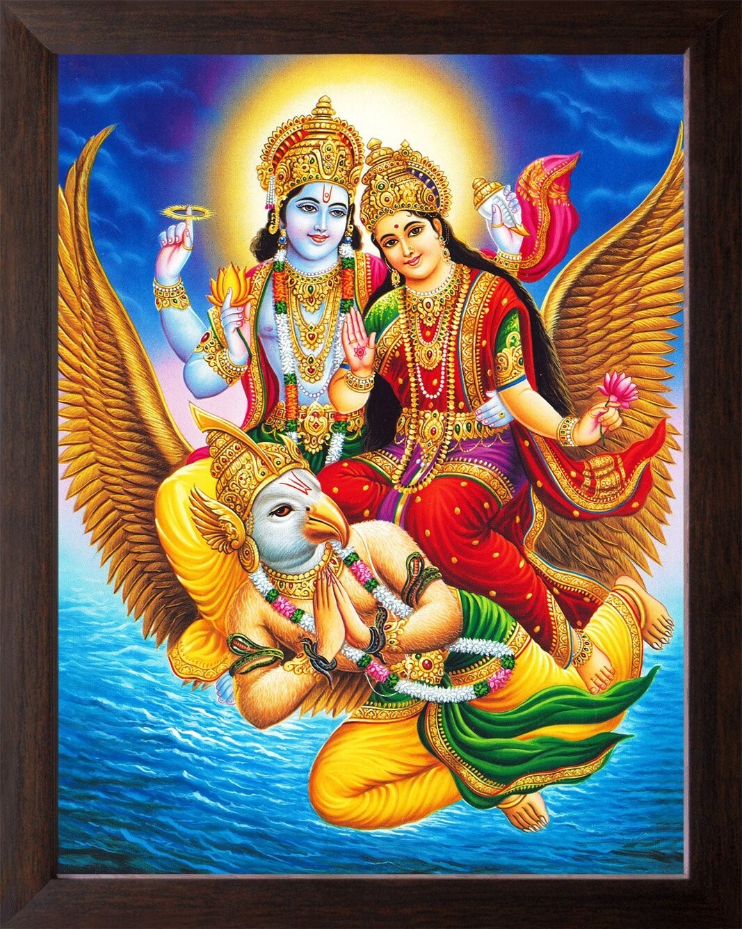 Lord Vishnu Goddess Lakshmi Painting HD Printed Religious Picture Wooden Frame