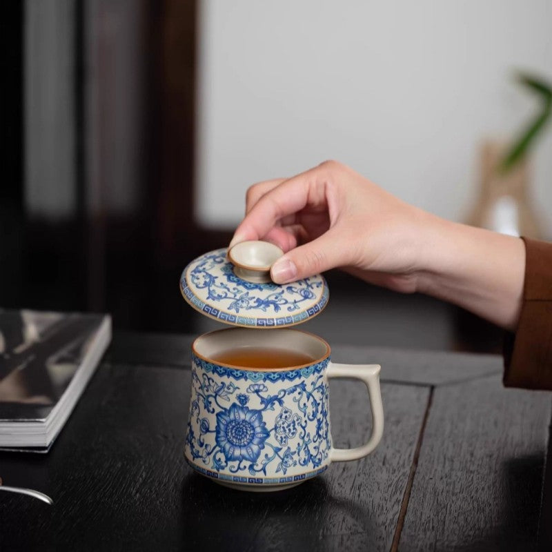 Ceramic Tea Cup With Handle Lid Blue-and-white Porcelain Office Mug Ruyao Craft