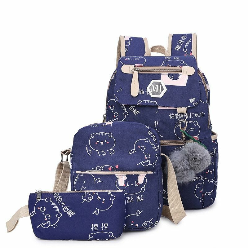 Backpack 3-piece Set Teenagers Girls School Bags Canvas Casual Classical Women