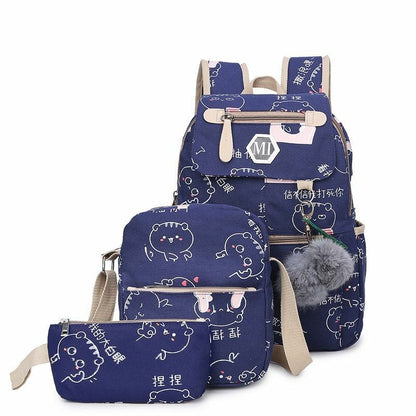 Backpack 3-piece Set Teenagers Girls School Bags Canvas Casual Classical Women