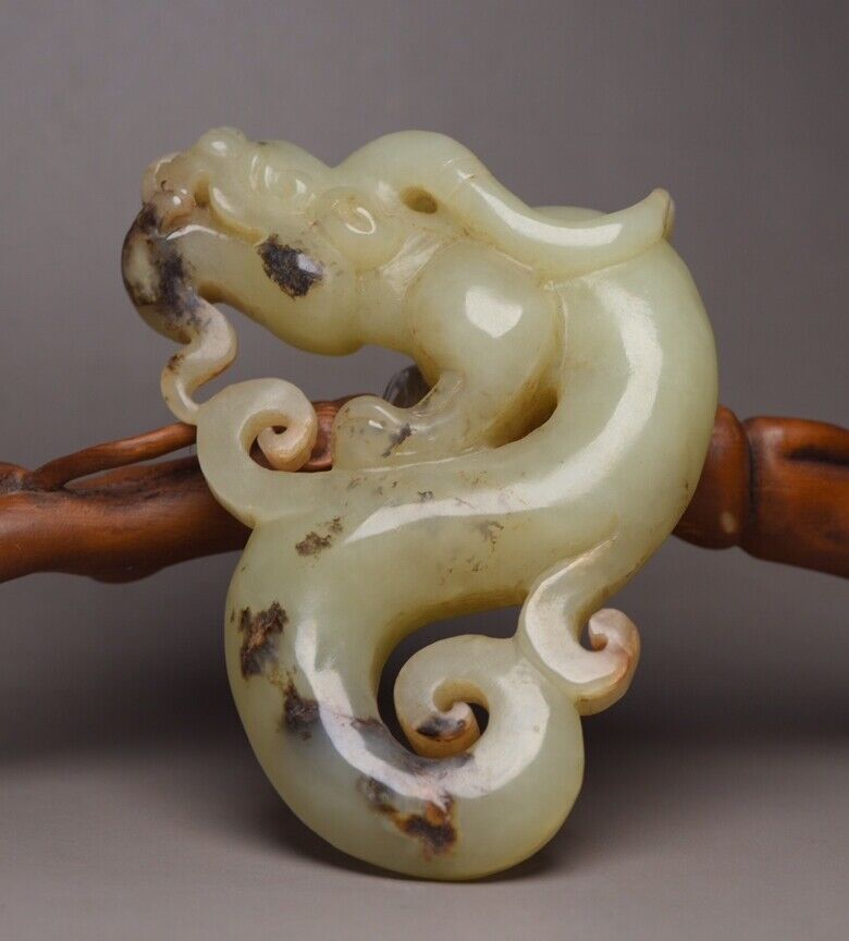 Chinese Antique Natural Hetian Jade Carving Dragon Statue Collectible Nice Art