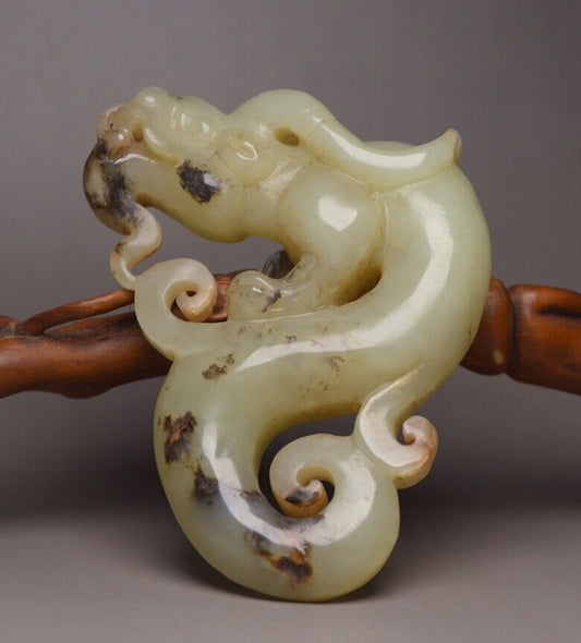 Chinese Antique Natural Hetian Jade Carving Dragon Statue Collectible Nice Art