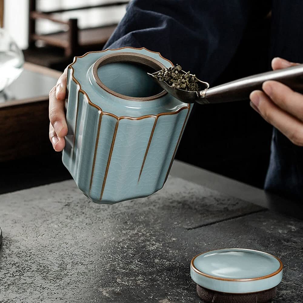 11.6cm Chinese Ru Kiln Tea Caddy Ceramic Storage Tank Tea Jar Decor Ornaments