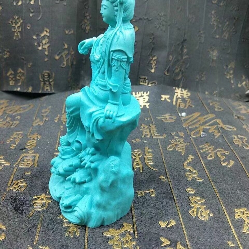 5.5" Turquoise Guanyin Buddhist Figure Statue Stone Decorations Home Design