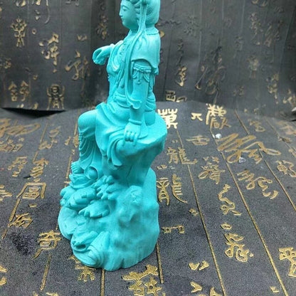 5.5" Turquoise Guanyin Buddhist Figure Statue Stone Decorations Home Design