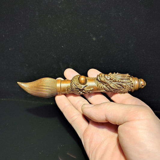 6"Exquisite Chinese writing brush dragon statue Boxwood wooden ornaments carved
