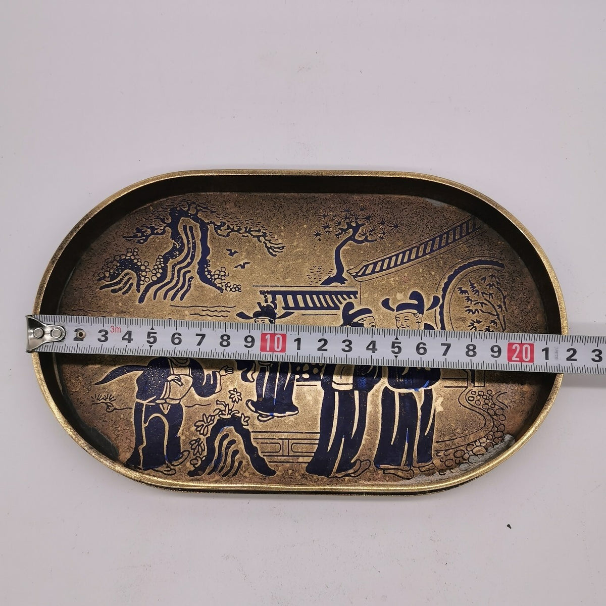 22cm China Ancient Brass Painting People Gathering Pattern Tea Board Tea Tray