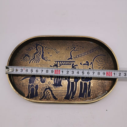 22cm China Ancient Brass Painting People Gathering Pattern Tea Board Tea Tray