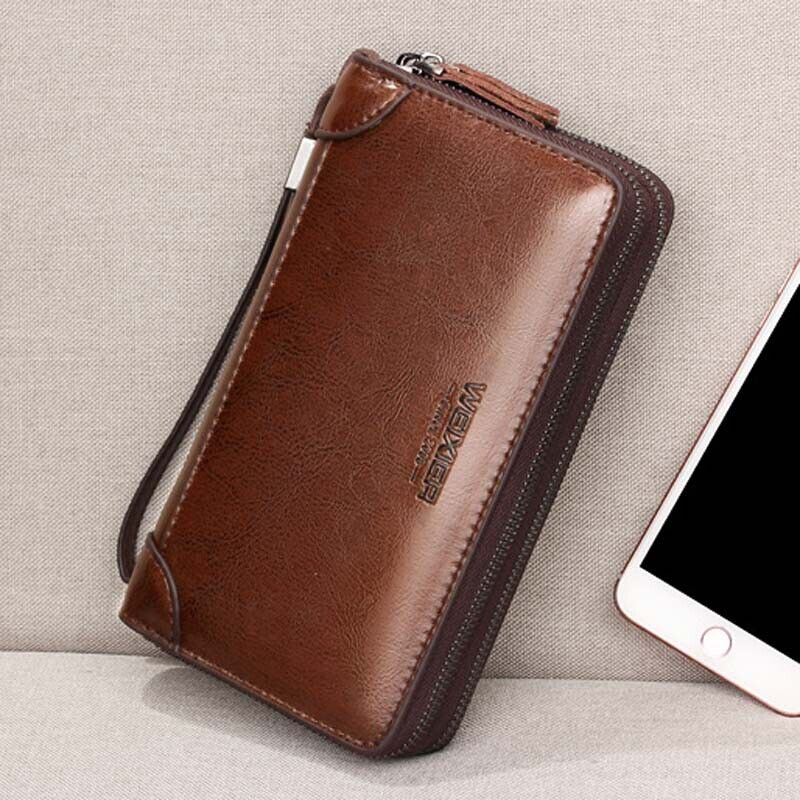 Men Business Leather Long Wallet Double Zipper Card Holder Clutch Bag Phone Case